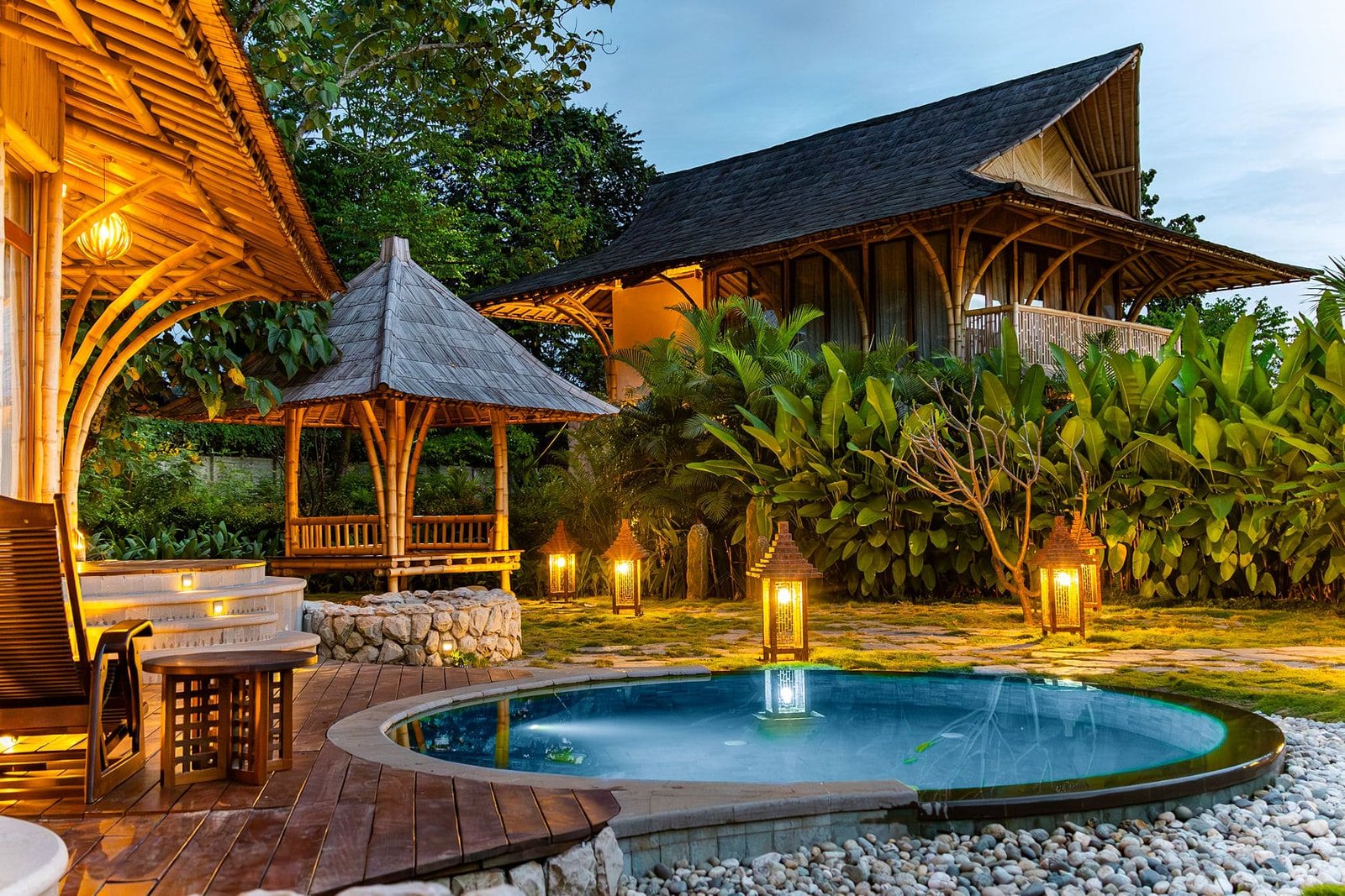 night view of river villa from pool